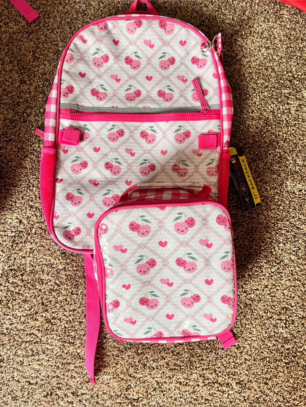 Wonderkids Pink Cherry Print Kids Backpack and Lunch Bag Set
